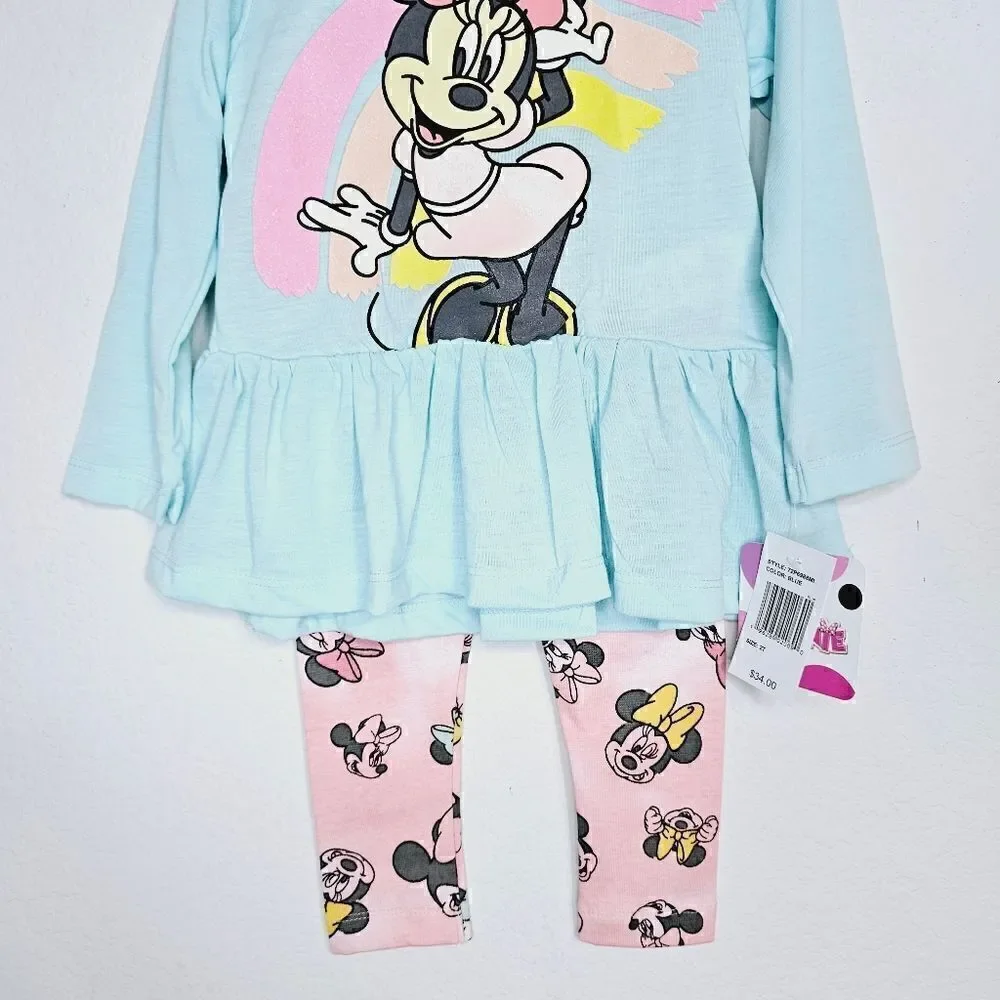 New! Disney Minnie Mouse 2 Piece Long Sleeve Ruffle Top Legging Baby Toddler Set
